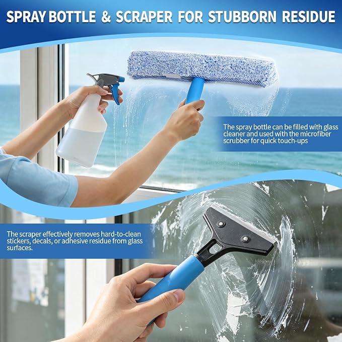 Creatyi 11PCS Window Cleaning Kit Washing Tool, Bucket 3 Gallon, 76 inch Long Handle Window Squeegee and Microfiber Scrubber,Equipped with Replaceable Squeegee and Scrubber for Home Business Use