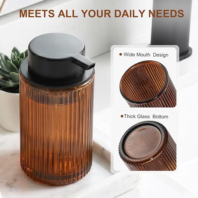 KASUNTING Amber Glass Foaming Soap Dispenser, Ribbed Foam Hand Soap Dispenser for Bathroom, 11 Fl Oz 2 Pack Refillable Foaming Pump Bottle with Black Pump, Modern Dish Soap Foam Dispenser