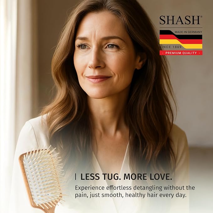 Made in Germany - SHASH Large Paddle Hair Brush, Thick And Curly Hair - Detangler With Long Pins & Rubber Cushion - Helps Detangle Knots, Eliminate Frizz, Reduce Pulling & Snagging