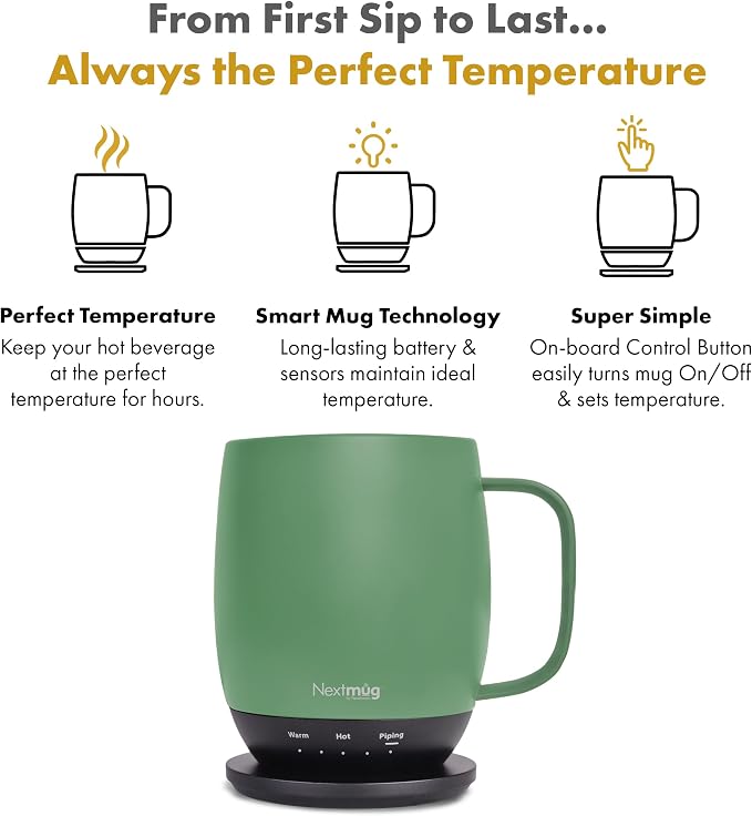 Nextmug - Temperature-Controlled, Self-Heating Coffee Mug (Sage - 14 oz.)