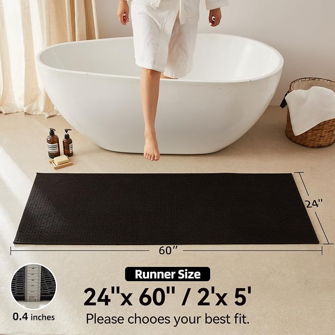 Triohero Bathroom Runner Rug, Long Bath Mat Washable Thin Quick Dry Low Pile Bathroom Runner Rugs 24 x 60 Non Slip, Black 24"x60"