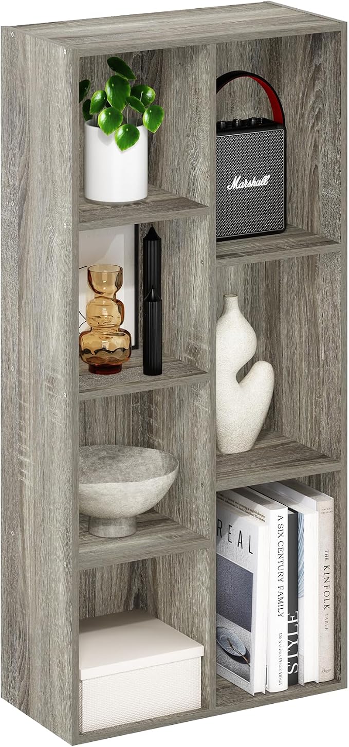 Furinno LUDER Book Shelf, 7-Cube Bookshelf, Bookcase with Open Shelves, 9.4 x 19.5 x 41.7, Easy Assembly, for Living Room, Bedroom, Home Office, French Oak