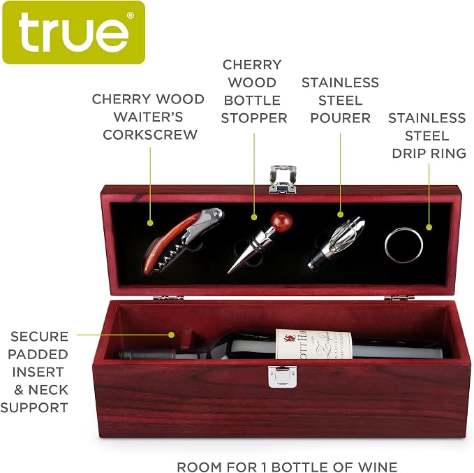 True Cherry 1-Bottle Wine Accessories Gift Set | Premium Corkscrew Opener Kit, Drip Ring, and Wine Pourer and Stopper in Wood Case with Padded Insert