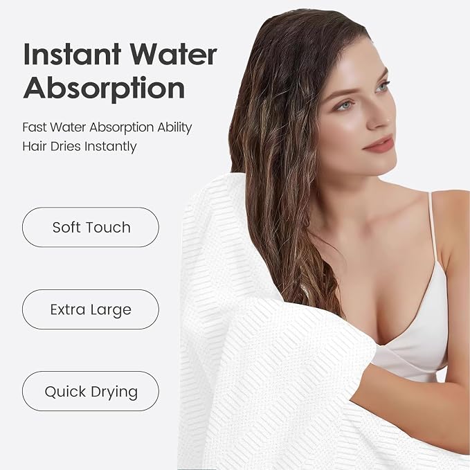 JML Bath Towels Set with Hook, 2 Pack, 30" x 60" | Microfiber, Lint Free, Oversized, Soft, Super Absorbent, Fast Drying, Use for Sport, Fitness, Yoga, Diamond Cross Grid White