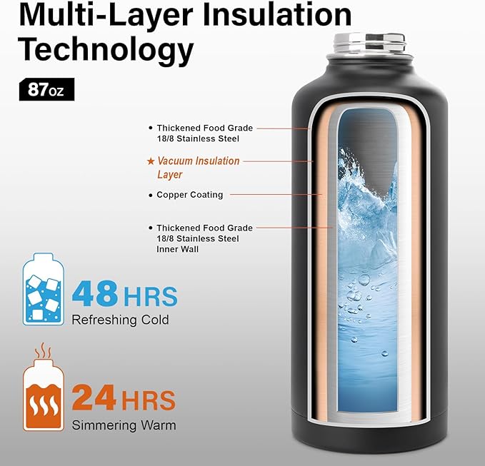 DYSANKY 87 oz Insulated Water Bottle | Thickened Stainless Steel for Gym and Hiking with Straw, Carrier Bag, Handle Strap | BPA-Free 87 oz