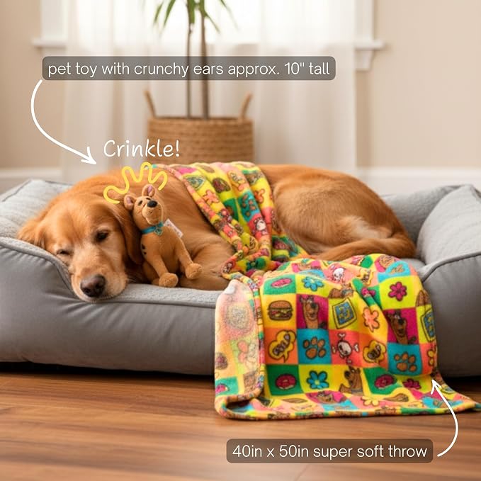 Scooby Doo Pet Throw & Squeaky Pillow Set, Stimulating Toy As Gifts for Puppies, Cats, Dogs, (Officially Licensed) By Franco
