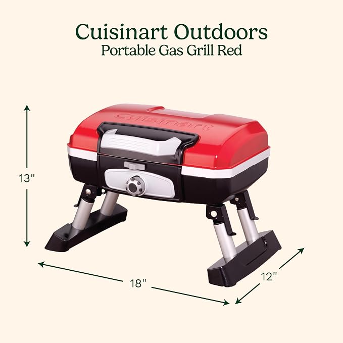 Cuisinart Petite Gourmet Portable Gas Grill, Compact Portable Grill Propane, 150 Sq. In. Cooking Surface, 5,500 BTU Burner Small Gas Grills for Camping, BBQ, Folding Legs and Carry Handles, Red