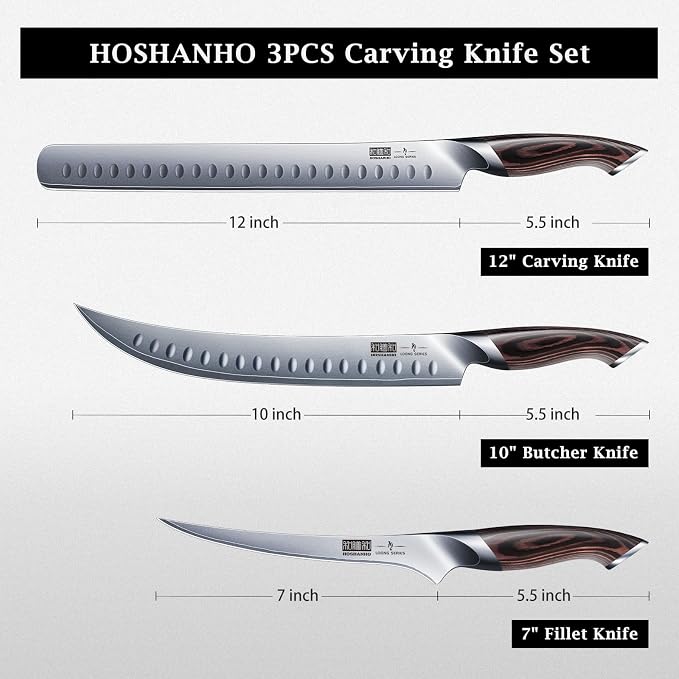 HOSHANHO Carving Knife Set 3PCS, Japanese Brisket Slicing Knife Sets | Ultra Sharp Japanese High Carbon Steel Butcher Knife Breaking Knife Boning Knife for Meat Cutting, Ergonomic Handle, Gifts