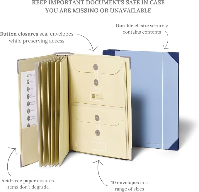 The Folio® Important Document Organizer by Savor | Binder with Guided Labels, Acid-Free File Folder Organizer with 10 Pockets, Document Holder for Home Records, Legal and Medical Papers (Blue)