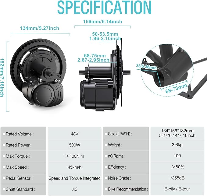TSDZ2B 48V 500W Mid Drive Kit with EKD01 Display and Ebike Battery | Tong-sheng Electric Bike Conversion Kit for 68-73mm Bottom Bracket, Speed and Torque Sensored E-Bike Motor