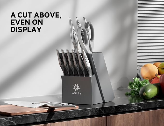 ASETY Knife Block Set, 15 PCS Knives Set for Kitchen, Stainless Steel | Ultra Sharp Kitchen Knife, Full Tang One-Piece Knife Set with Built-in Sharpener, Ergonomic Non-Slip Handle, Elegant Box