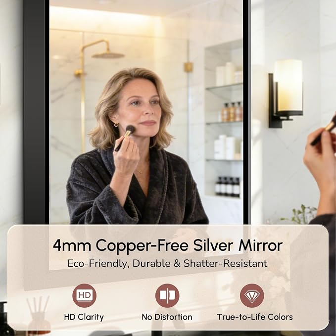 USHOWER 30x36 Inch Floating Bathroom Mirror - Brushed Black Wall Mirror for Over Sink, Anti-Rust, Modern HD Reflection Rectangular Beveled Aluminum Frame Vanity Mirror(Copper-Free Silver Coating)