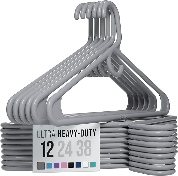 NEATERIZE Thick Heavy Duty Hangers - Grey Plastic Clothes Hangers 12 Pack - Great for Coat Hanger, Jackets Jeans & Suit Hanger for Closet - New Apartment Essentials Percheros Ganchos para Colgar Ropa