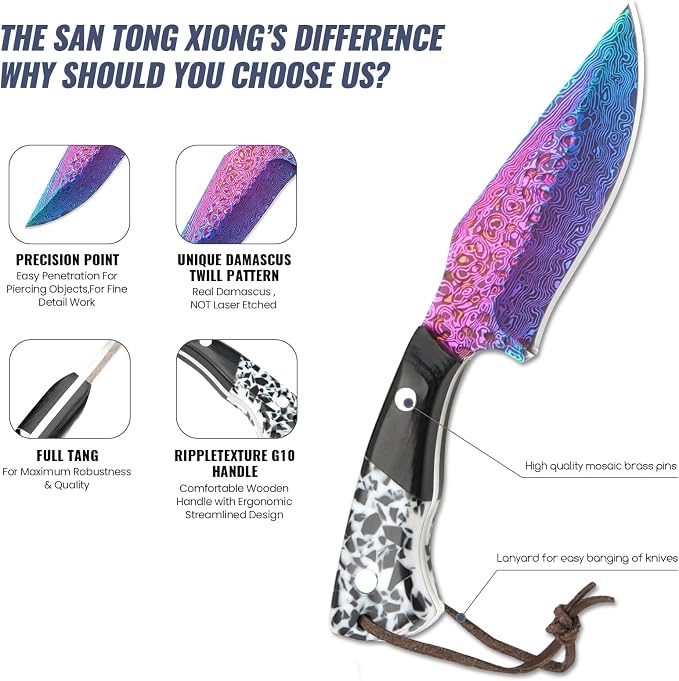 Premium Hunting Knife with Leather Sheath, 4.2" Damascus Style Fixed Blade Knife, Rainbow Titanium Coated German High Carbon Steel, Two-Tone Wood Handle,Unique Outdoor EDC Knife Gift for Men and Women (Dazzling colors)