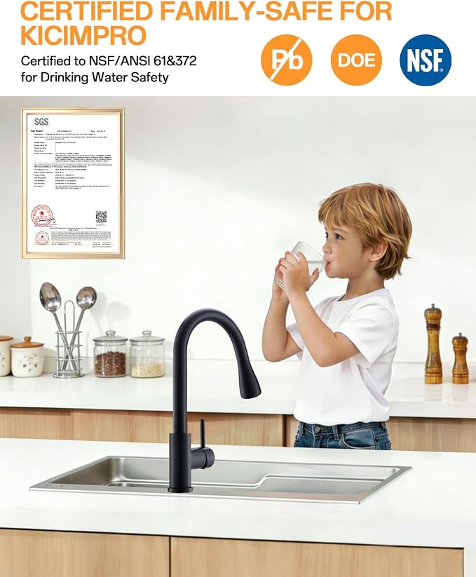 Kicimpro Matte Black Kitchen Faucet with Pull Down Sprayer, 304 Stainless Steel, 23-Inch Extended Hose Design, Three Water Functional Ways, Easy Installation | 304 Stainless Steel,10-Min DIY Install,23-Inch Pull-Down Hose,2-Function Spray,360° Swivel S...