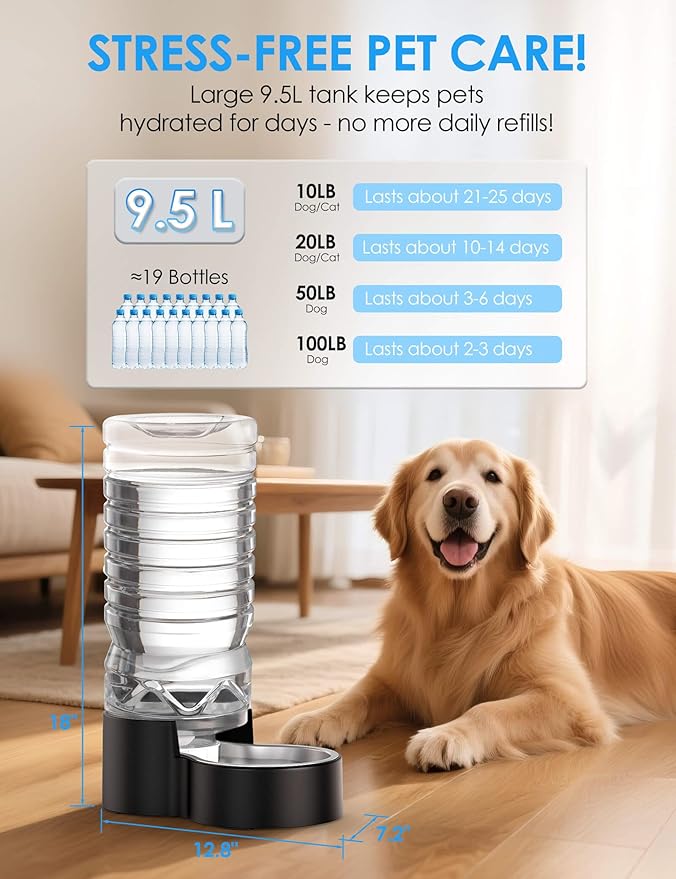 Heouvo 2.5 Gallon Automatic Dog Water Dispenser (9.5L-Black) | Wide Mouth, Easy Clean/ Removable Stainless Steel Bowl/ Gravity Refilling, Large Capacity for Cats and Dogs, Multi-Pet Homes