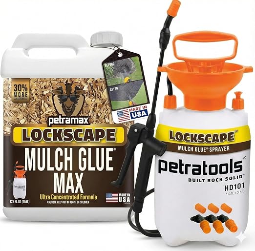 Lockscape Mulch Glue for Landscaping with Sprayer (1 Gal) – Non-Toxic Weed Barrier, Sticky Mulch Glue Sprayer for Pea Gravel & Landscape Beds (1 Gallon, Lockscape Glue and Sprayer Set)