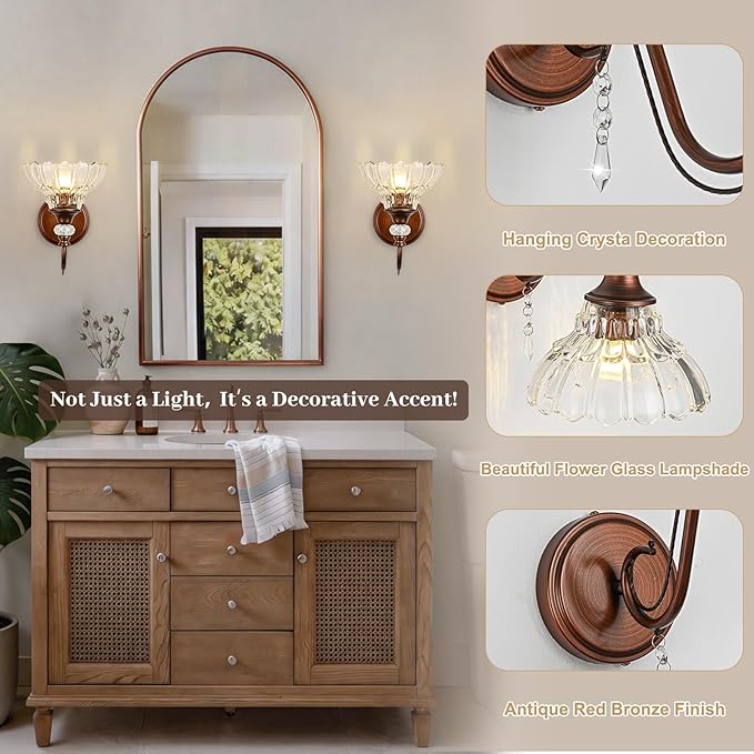 1 Piece Vintage Wall Sconce, 1-Light Matte Antique Red Bronze Finish Wall Sconce with Hanging Crystal Accents and Flower-Shaped Clear Shades for Bathroom Bedroom Living Room,Vintage Vanity Light