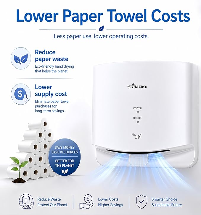 Automatic Commercial Hand Dryer, 110V 1300W High Speed Wall Mounted Hand Dryer for Bathroom, 7-10s Drying, 100m/s Air Speed, 72dB, Plug-in or Hardwired, White