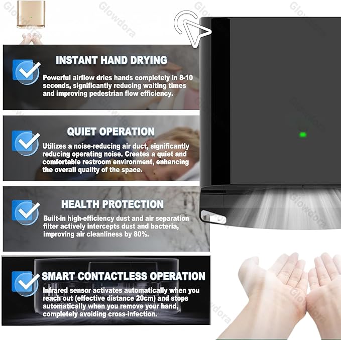 Compact Hand Dryer, Electric Hand Dryer, High Speed Automatic Hand Dryer, Commercial Or Household, Toilet Hand Dryer.Abs Housing.1250w Black