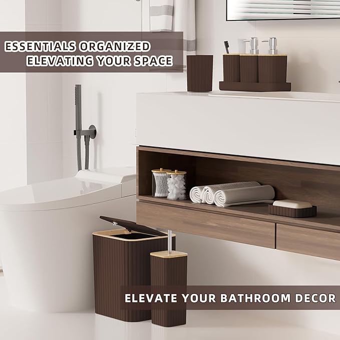 XLHOMO Bathroom Set - Elegant Brown Bathroom Set, 10PC Brown Bathroom Accessories Set, Bathroom Sets with Toilet Brush, Bathroom Trash Can