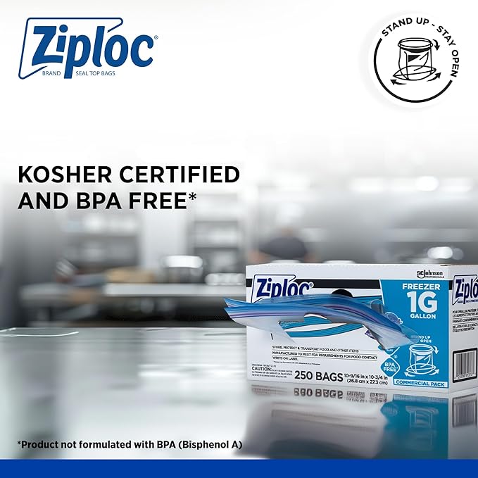 SC Johnson Professional Ziploc Brand Food Storage Freezer Bags, 1 Gallon Freezer Bags, Ziploc Brand Bags, Commercial Pack, 250 Count Box, for Professional Use Only