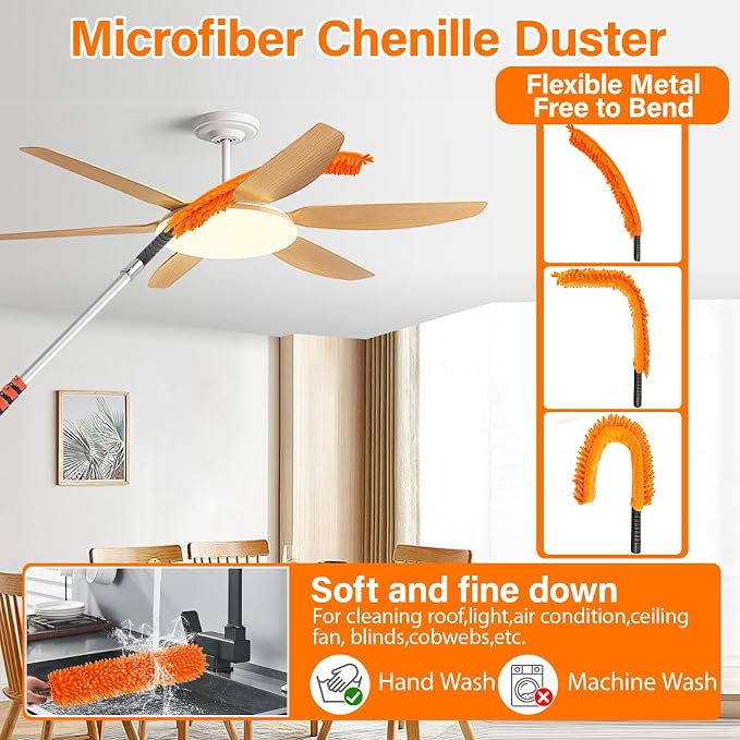 30FT High Reach Duster Cleaning Kit with 5-24 FT Extension Pole,High Ceiling Dusting and Window Cleaning Kit with Microfiber Feather Duster,Cobweb Duster,Ceiling Fan Duster,Window Squeegee Cleaner
