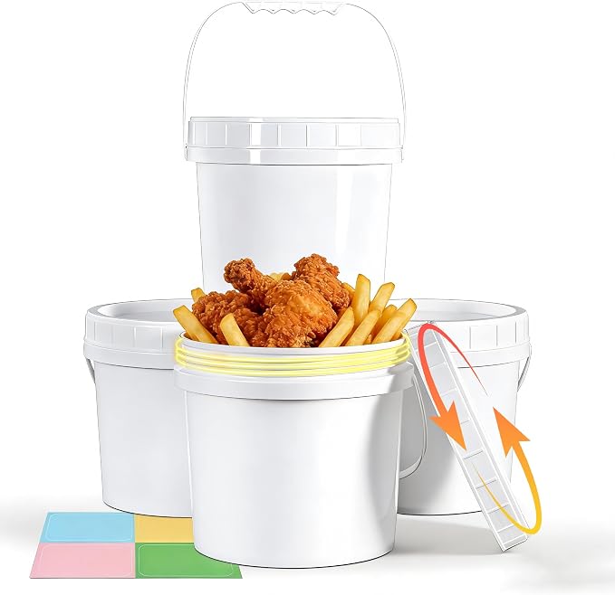 4 Pack 1 Gallon Plastic Buckets with Screw Lids & Handle, Food Grade Storage Containers for Kitchen, Freezer - Reusable White Plastic Bucket Set
