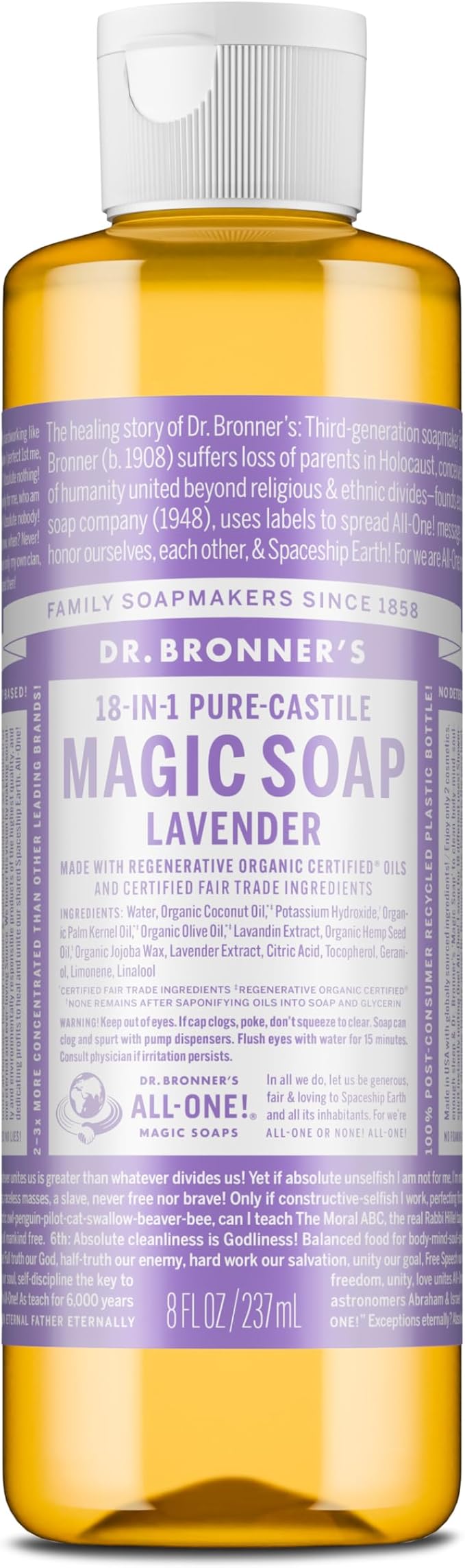 Dr. Bronner's Pure-Castile Magic Liquid Soap (Lavender, 8 Ounce) – Made with Regenerative Organic Certified Oils – For Face, Body Wash, Baby Soap & Sensitive Skin – Concentrated, Vegan, Non-GMO