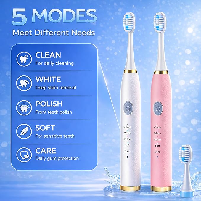 2 Pack Electric Toothbrush for Adults (White & Pink)