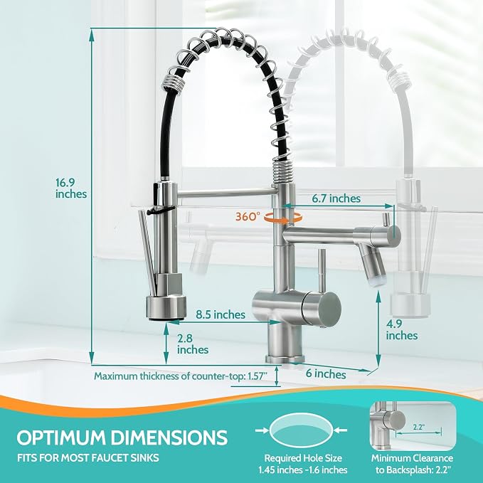 Kicimpro LED Kitchen Faucet with Pull Down Sprayer, Brushed Nickel Faucet for Kitchen Sink, Single Handle High Arc 304 Stainless Steel LED Commercial Bar Kitchen Sink Faucet for 1 Hole Or 3 Hole