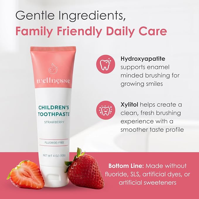 Hydroxyapatite Toothpaste, Whitening, Fluoride Free, Strawberry, 4 Oz | Wellnesse Kids, Toddlers or Children, SLS Free, Xylitol Formula, Gentle Enamel Care, Fresh Breath and Daily Brushing Habits