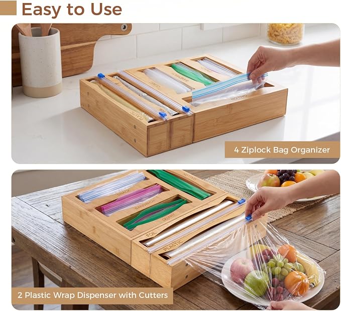 6 in 1 Storage Bag Organizer Kitchen Drawer, Bamboo Foil and Plastic Wrap Dispenser with Slider Cutter, Kitchen Bag Organizer for Quart, Gallon, Sandwich and Snack Bags