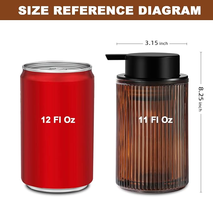 KASUNTING Amber Glass Foaming Soap Dispenser, Ribbed Foam Hand Soap Dispenser for Bathroom, 11 Fl Oz 2 Pack Refillable Foaming Pump Bottle with Black Pump, Modern Dish Soap Foam Dispenser