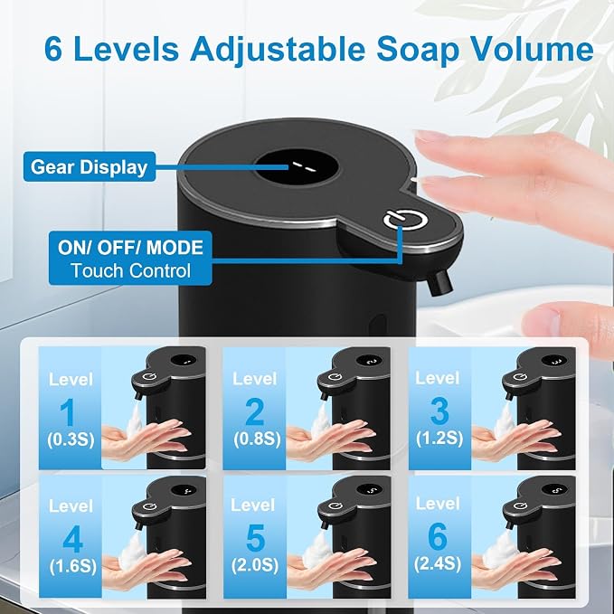 OHIFAST Automatic Foaming Soap Dispenser Touchless, USB Rechargeable Smart Hand Soap Dispenser, 6-Level Adjustable, 12.8oz/380mL, Compatible with Thick Thin Dish Soap for Bathroom Kitchen-Black