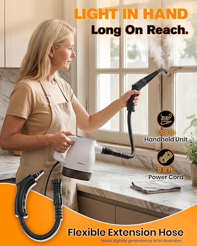 Sakerplus EverSteam Instant-Heat Steam Cleaner, 15 Sec Fast Heat-up | Dual steam modes and a 400 mL tank with 10 accessories and 5 microfiber cloths for kitchens, bathrooms and cars
