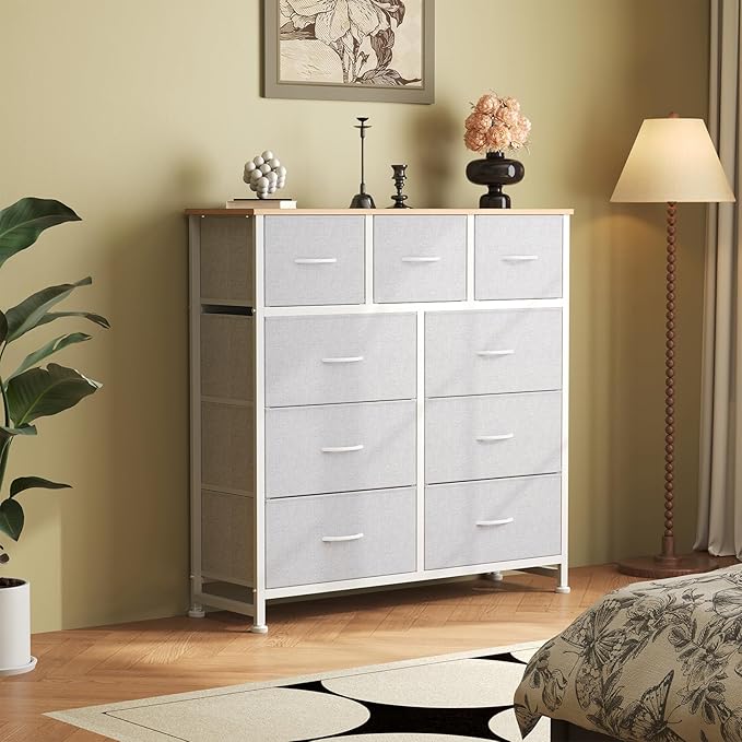 OLIXIS 9 Drawer Storage Dresser with Wood Top - Wide Fabric Chest Organizer for Bedroom, Closet, Living Room,Tower Cabinet, TV Stand, Hallway Entryway Furniture,Light Grey