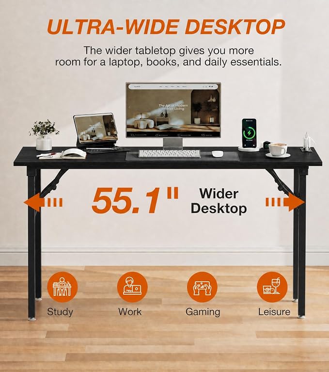 XBurmo Small Folding Desk Folding Table, No Assembly Foldable Desk Gaming Desk, 55.1-Inch Computer Table Workstation with 2 AC Outlets and 2 USB Ports for Bedroom and Home Office, Dark Oak