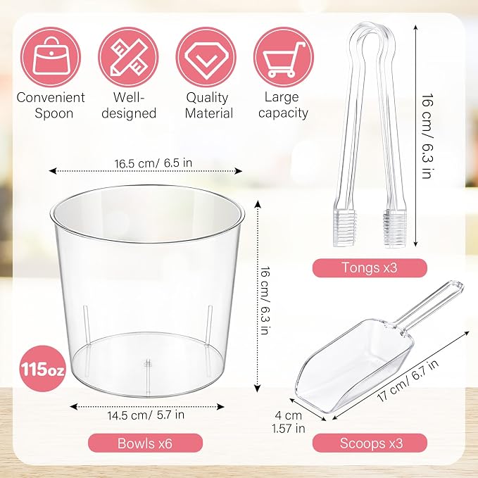 115 oz 6 Plastic Candy Bar Containers with 3 Tongs and 3 Scoops | Candy Party Supplies, Reusable Buckets for Candy Buffet Station, Weddings Birthday Dessert Snack Serving Bowls