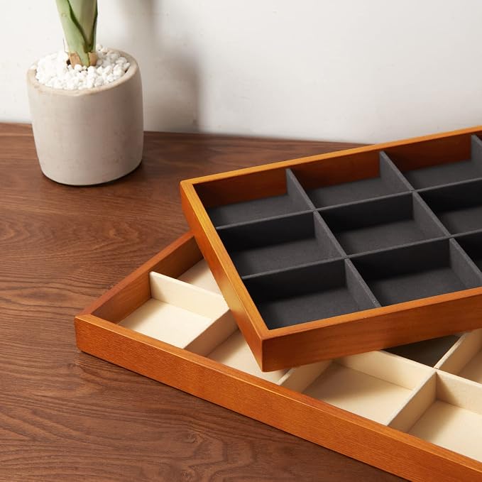 Oirlv 12 Grids Wood Jewelry Organizer Tray Stackable Jewelry Drawer Tray Bracelet/Watch Showcase Display Storage(Grey)