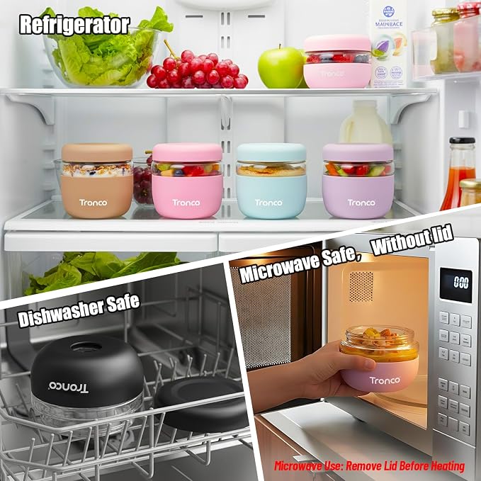 Tronco 16 oz Glass Food Storage & Lunch Bowl Containers with Airtight Lids | Leak & Spill Proof Meal Prep Container & Food Storage Jar for Lunch, Salad, Oats, Soup, BPA-Free, Microwave & Dishwasher Safe