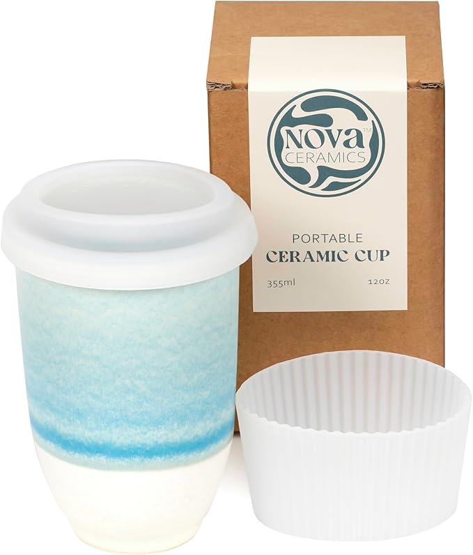 NOVA CERAMICS Travel Mug - Portable Coffee To Go Mug Microwave & Dishwasher Safe Coffee Cups Reusable - Gifts For Women Men Him Her 12oz - Lagoon