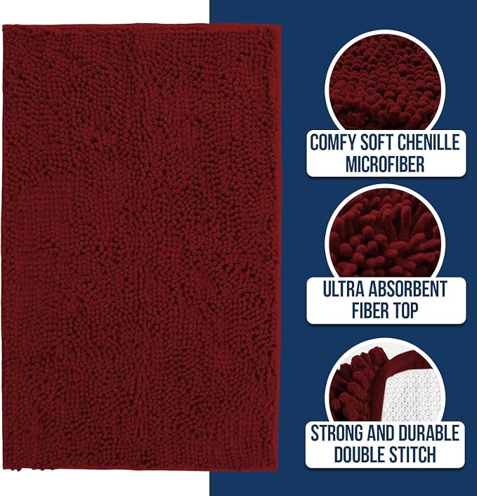 Muddy Mat® | Chenille Bathroom Rugs Quick Dry Microfiber Mats Non Slip Washable, Extra Thick, Soft and Highly Absorbent Bath Mats for Bathroom, Kitchen, and Shower Floor - Red 36"x60"