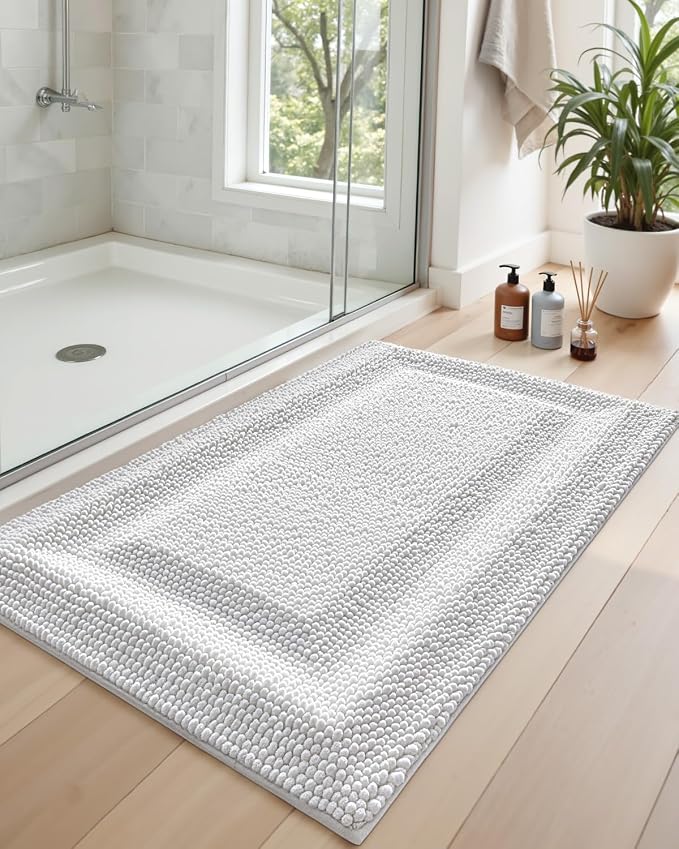 DEXI Bath Mats for Bathroom 36x24, Non Slip Washable Bathroom Rug, Thick Soft Chenille Absorbent Bathmat for Shower Floor, Fluffy Shaggy Carpet for Tub, White