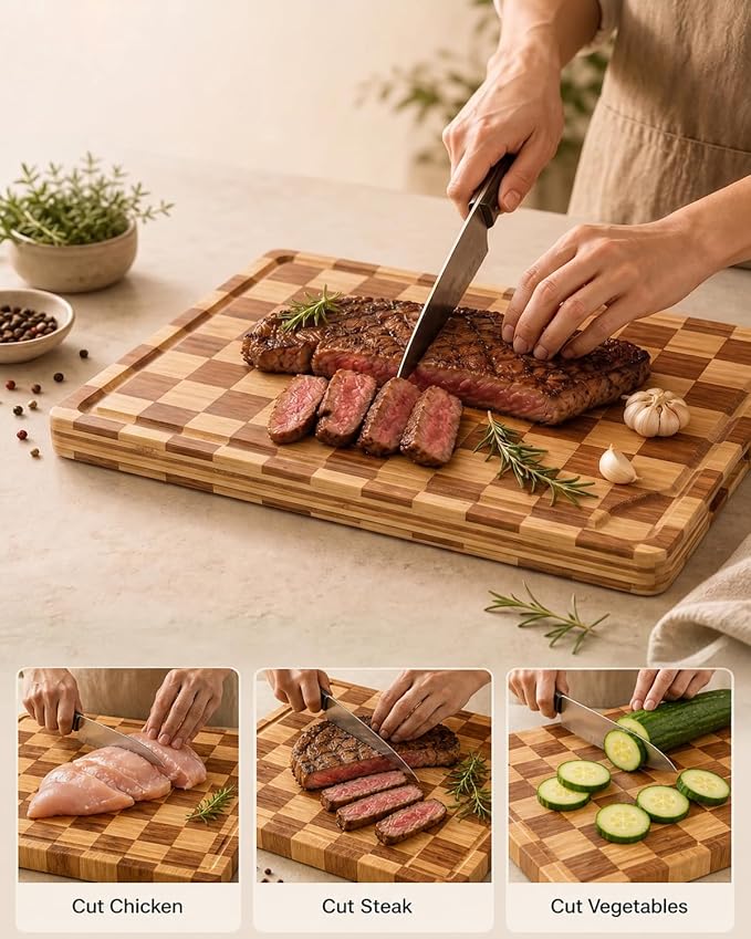 Wood Cutting Board,Heavy Duty End Grain Butcher Block Bamboo Cutting Boards for Kitchen with Deep Juice Grooves and Handles for Meat, Cheese, Charcuterie and Gifting