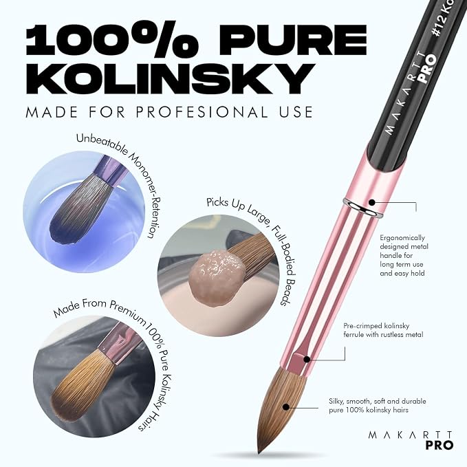 MakarttPro Kolinsky Acrylic Nail Brush Size 8 – 100% Pure Kolinsky Hair Nail Brush for Acrylic Application, Professional Nail Brush for Smaller Bead Control, Anti-Clogging, Acetone Resistant Handle