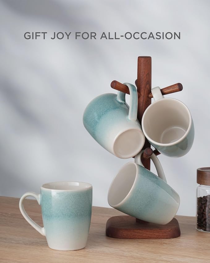famiware Coffee Mugs Set, 13oz Mug Set of 4, Stoneware Cups for Latte, Hot Tea, Mocha, Cocoa, Cappuccino, Microwave and Dishwasher Safe, Glacier Series, Aqua