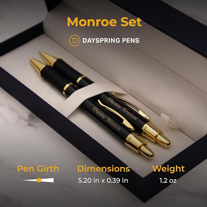 Dayspring Pens Monroe Pen and Pencil Set, Black Lacquer with Gold Accents, Custom Engraved — Graduation, Promotion, Anniversary, or New Job Gift