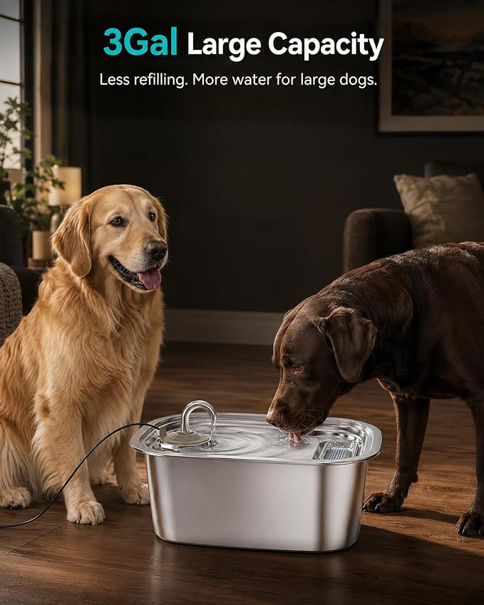 3 Gallon Stainless Steel Dog Water Fountain for Large Dogs, 11L Automatic Pet Water Dispenser with 2 Filters, Top-Fill Water-Level Window and Quiet Pump for Multiple Pets
