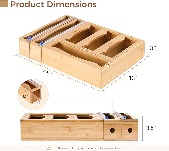 6 in 1 Storage Bag Organizer Kitchen Drawer, Bamboo Foil and Plastic Wrap Dispenser with Slider Cutter, Kitchen Bag Organizer for Quart, Gallon, Sandwich and Snack Bags